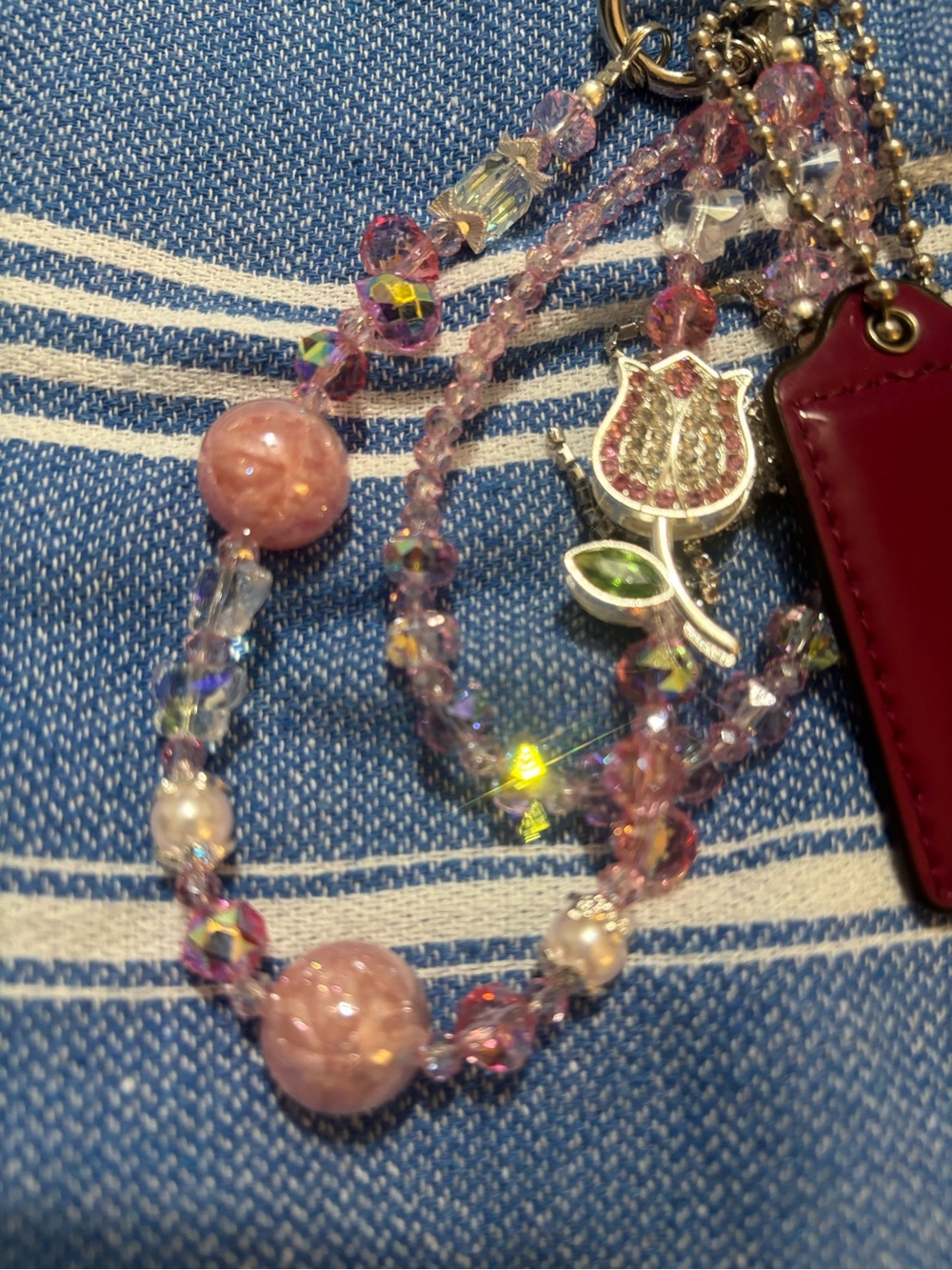 Coach hangtag with Pink and Burgundy Crystal Beaded Bag Charm with Tulip Accent - Picture 9 of 9